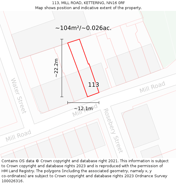 113, MILL ROAD, KETTERING, NN16 0RF: Plot and title map