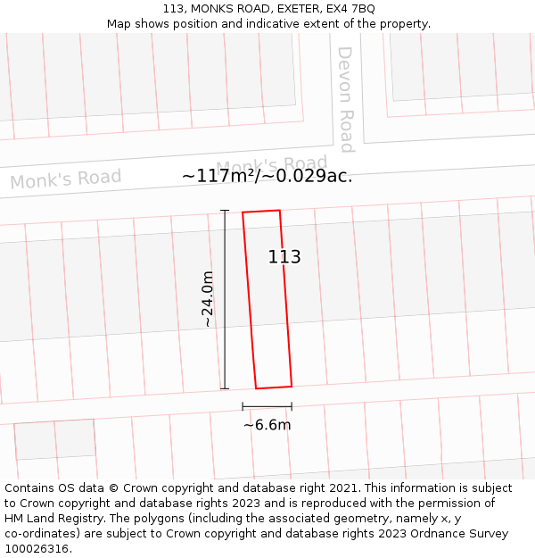 113, MONKS ROAD, EXETER, EX4 7BQ: Plot and title map