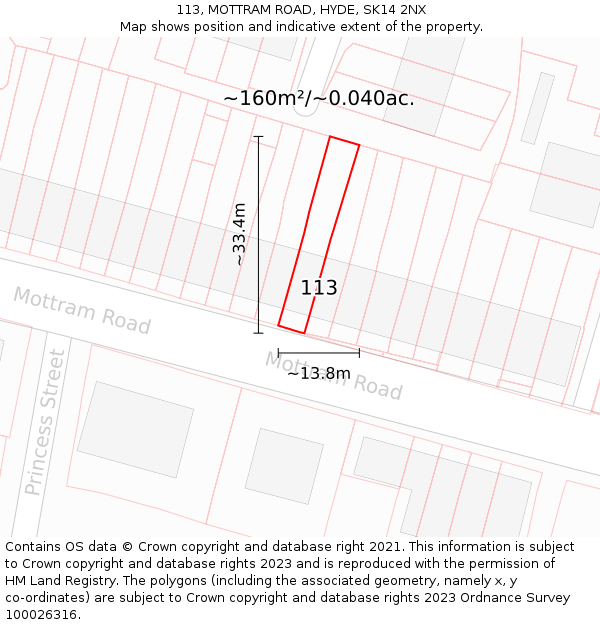 113, MOTTRAM ROAD, HYDE, SK14 2NX: Plot and title map