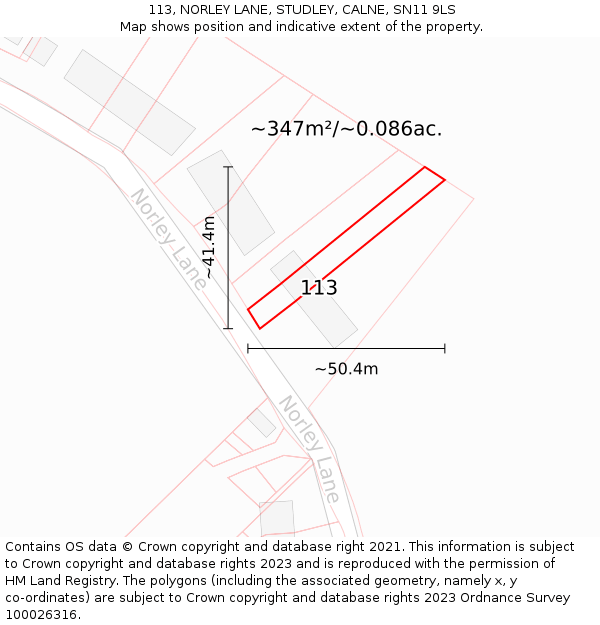 113, NORLEY LANE, STUDLEY, CALNE, SN11 9LS: Plot and title map