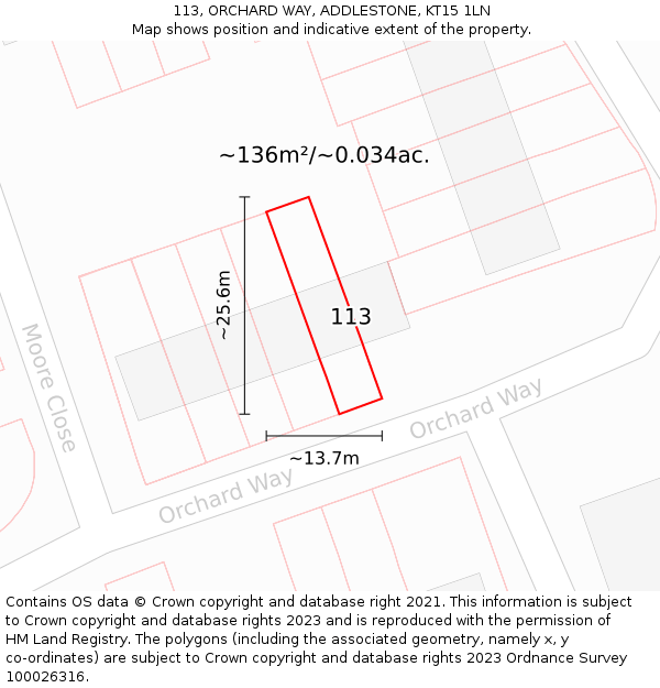 113, ORCHARD WAY, ADDLESTONE, KT15 1LN: Plot and title map