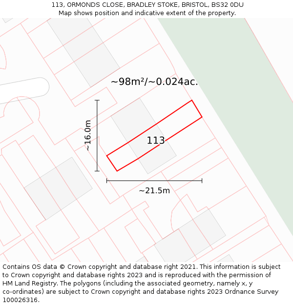 113, ORMONDS CLOSE, BRADLEY STOKE, BRISTOL, BS32 0DU: Plot and title map