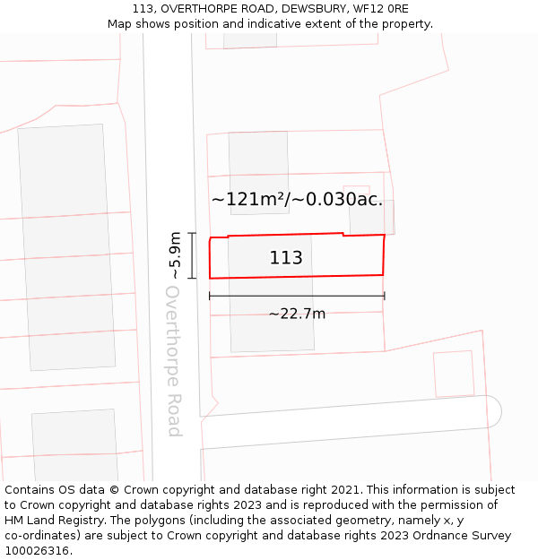 113, OVERTHORPE ROAD, DEWSBURY, WF12 0RE: Plot and title map