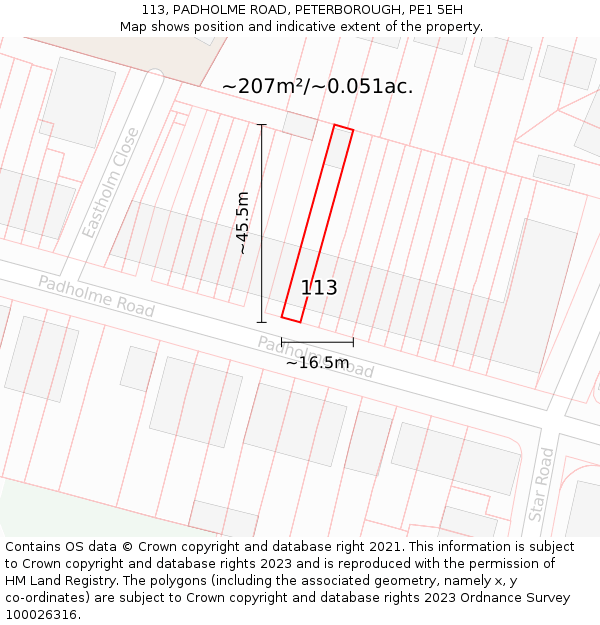 113, PADHOLME ROAD, PETERBOROUGH, PE1 5EH: Plot and title map
