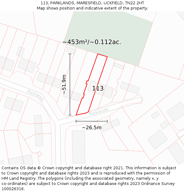 113, PARKLANDS, MARESFIELD, UCKFIELD, TN22 2HT: Plot and title map