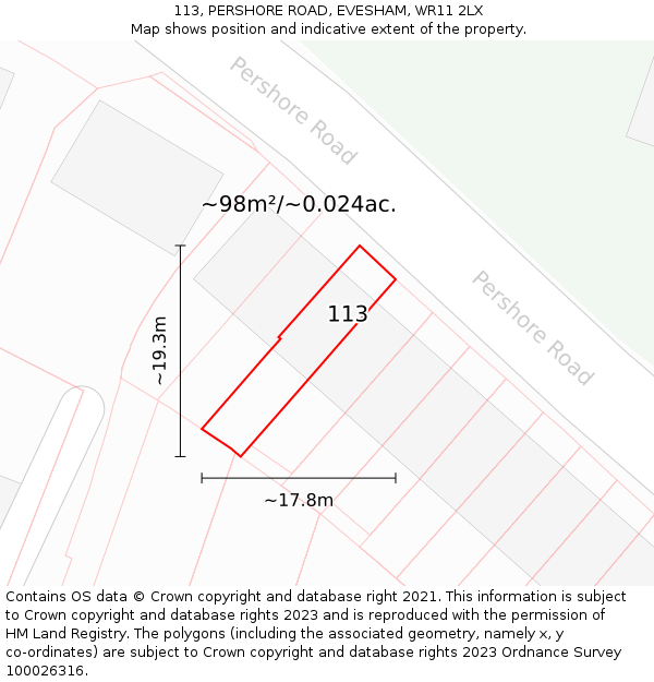 113, PERSHORE ROAD, EVESHAM, WR11 2LX: Plot and title map