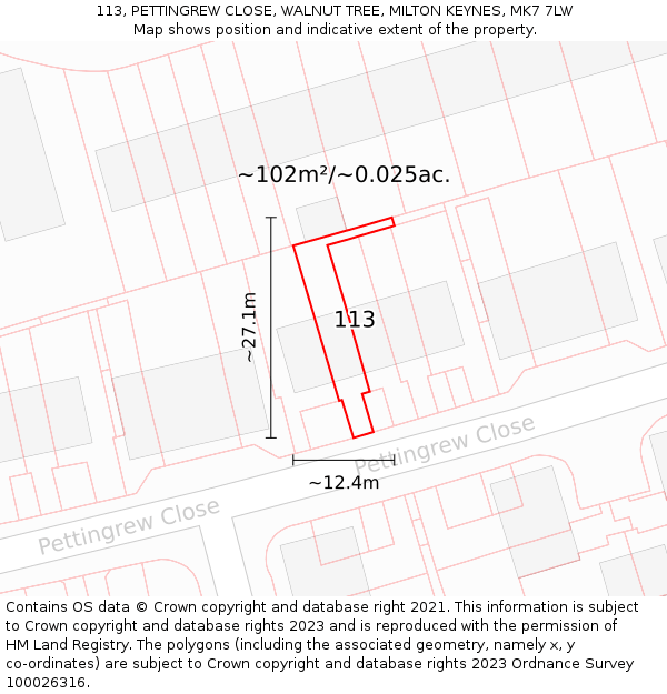 113, PETTINGREW CLOSE, WALNUT TREE, MILTON KEYNES, MK7 7LW: Plot and title map