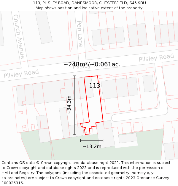113, PILSLEY ROAD, DANESMOOR, CHESTERFIELD, S45 9BU: Plot and title map