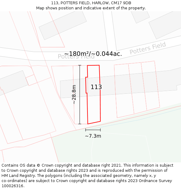 113, POTTERS FIELD, HARLOW, CM17 9DB: Plot and title map