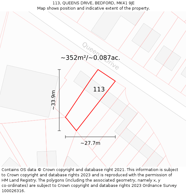 113, QUEENS DRIVE, BEDFORD, MK41 9JE: Plot and title map