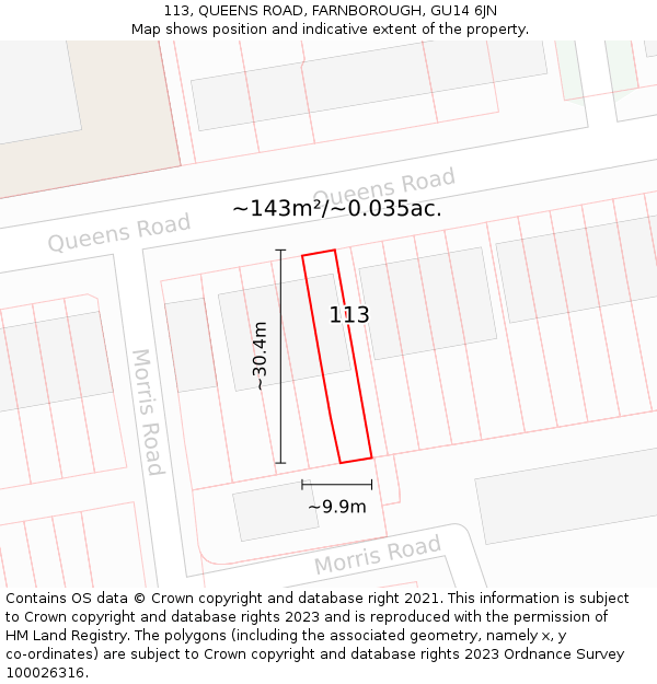 113, QUEENS ROAD, FARNBOROUGH, GU14 6JN: Plot and title map