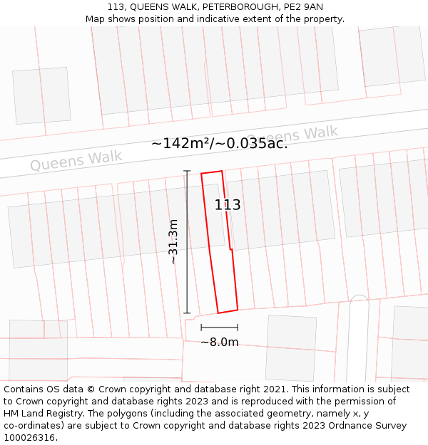 113, QUEENS WALK, PETERBOROUGH, PE2 9AN: Plot and title map