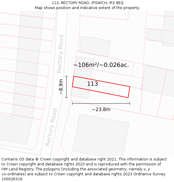 113, RECTORY ROAD, IPSWICH, IP2 8EQ: Plot and title map