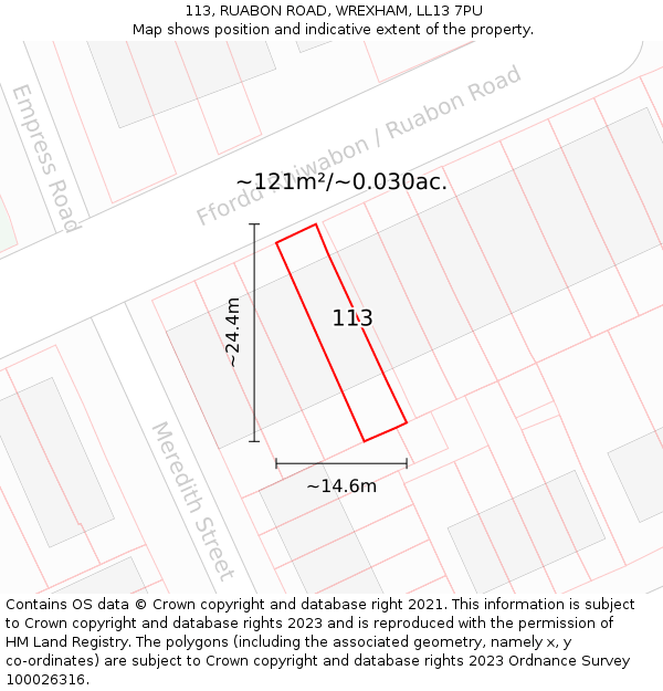 113, RUABON ROAD, WREXHAM, LL13 7PU: Plot and title map