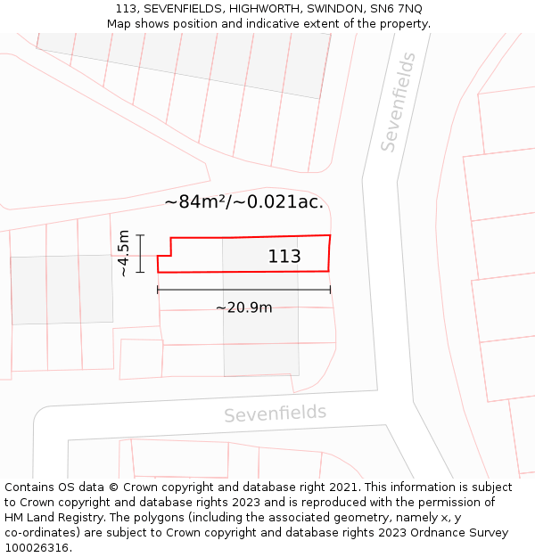 113, SEVENFIELDS, HIGHWORTH, SWINDON, SN6 7NQ: Plot and title map
