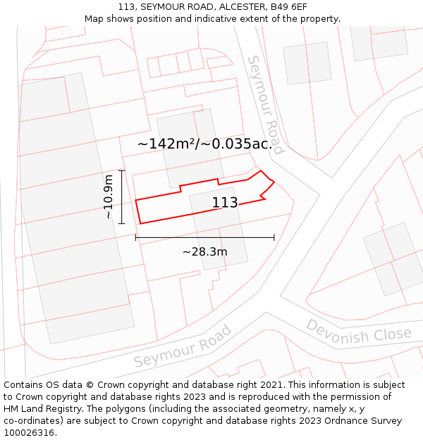 113, SEYMOUR ROAD, ALCESTER, B49 6EF: Plot and title map