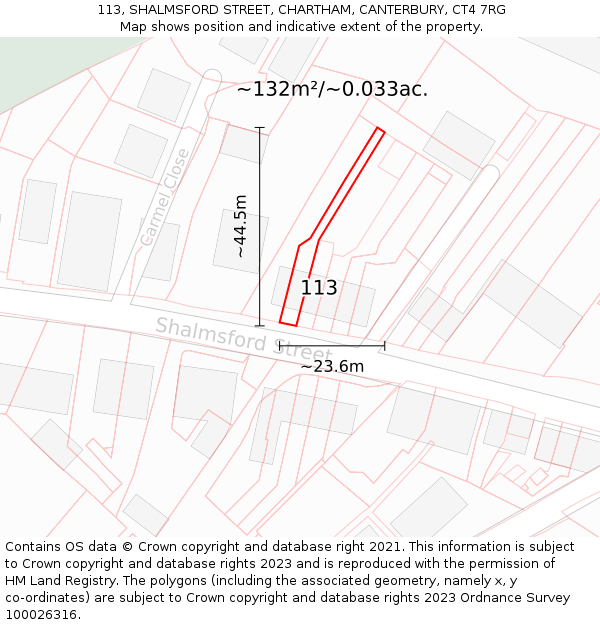 113, SHALMSFORD STREET, CHARTHAM, CANTERBURY, CT4 7RG: Plot and title map