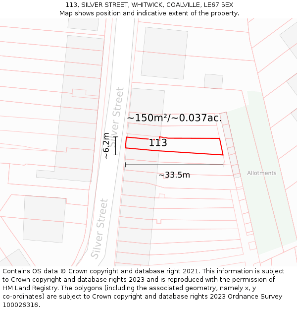 113, SILVER STREET, WHITWICK, COALVILLE, LE67 5EX: Plot and title map