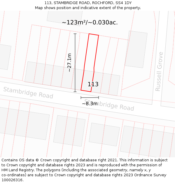 113, STAMBRIDGE ROAD, ROCHFORD, SS4 1DY: Plot and title map