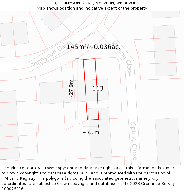 113, TENNYSON DRIVE, MALVERN, WR14 2UL: Plot and title map