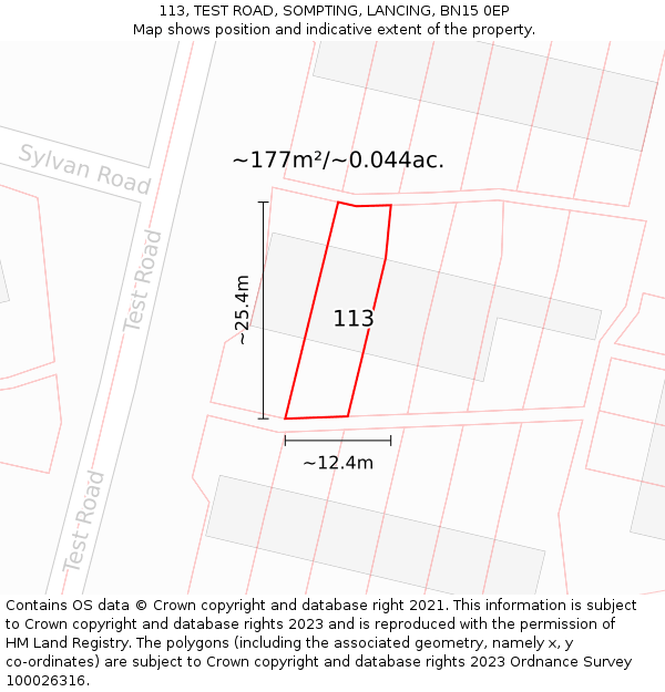 113, TEST ROAD, SOMPTING, LANCING, BN15 0EP: Plot and title map