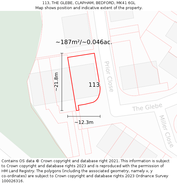 113, THE GLEBE, CLAPHAM, BEDFORD, MK41 6GL: Plot and title map