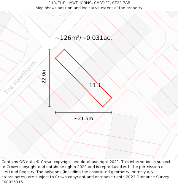 113, THE HAWTHORNS, CARDIFF, CF23 7AR: Plot and title map