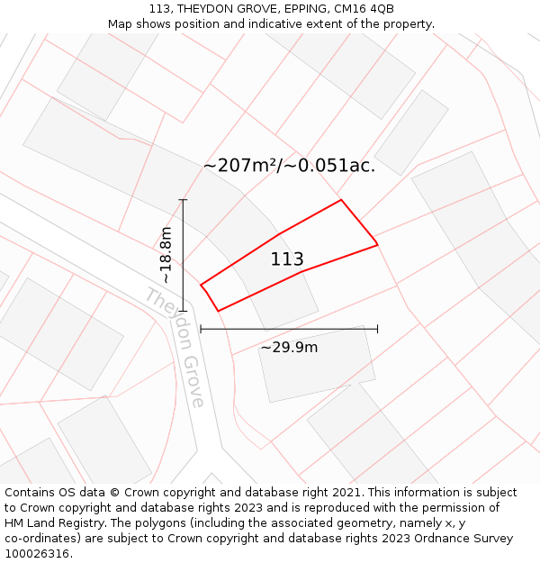 113, THEYDON GROVE, EPPING, CM16 4QB: Plot and title map