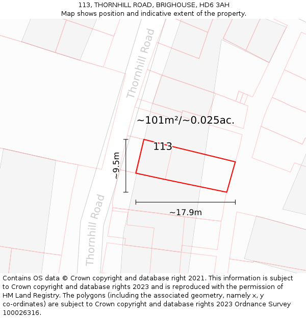 113, THORNHILL ROAD, BRIGHOUSE, HD6 3AH: Plot and title map