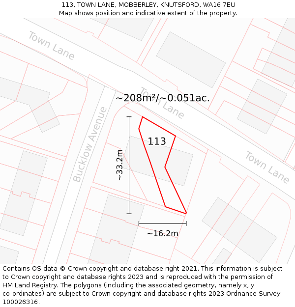 113, TOWN LANE, MOBBERLEY, KNUTSFORD, WA16 7EU: Plot and title map
