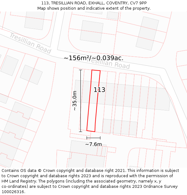 113, TRESILLIAN ROAD, EXHALL, COVENTRY, CV7 9PP: Plot and title map