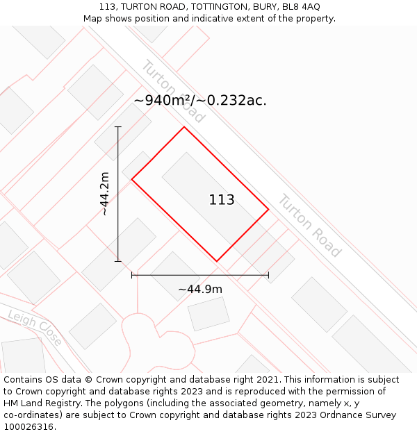 113, TURTON ROAD, TOTTINGTON, BURY, BL8 4AQ: Plot and title map