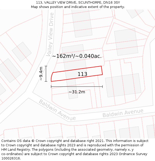 113, VALLEY VIEW DRIVE, SCUNTHORPE, DN16 3SY: Plot and title map