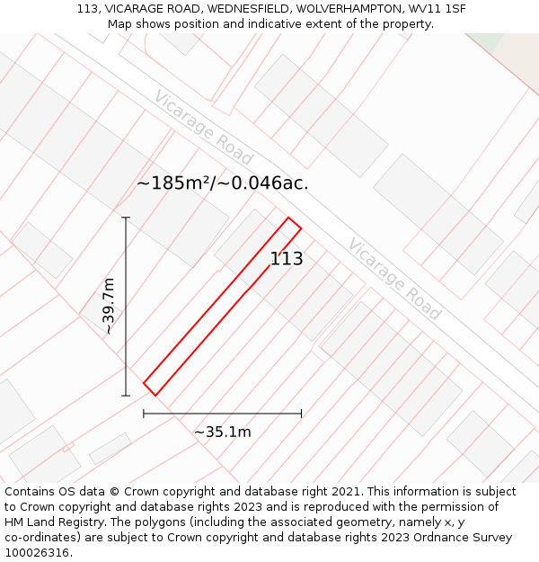 113, VICARAGE ROAD, WEDNESFIELD, WOLVERHAMPTON, WV11 1SF: Plot and title map