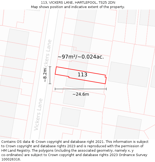 113, VICKERS LANE, HARTLEPOOL, TS25 2DN: Plot and title map