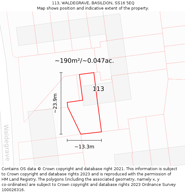 113, WALDEGRAVE, BASILDON, SS16 5EQ: Plot and title map