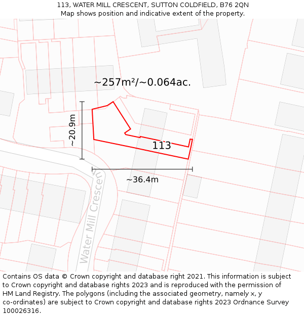 113, WATER MILL CRESCENT, SUTTON COLDFIELD, B76 2QN: Plot and title map