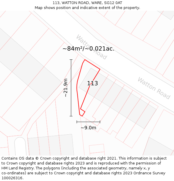113, WATTON ROAD, WARE, SG12 0AT: Plot and title map