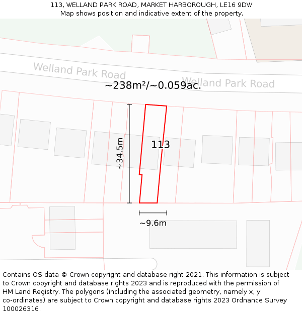 113, WELLAND PARK ROAD, MARKET HARBOROUGH, LE16 9DW: Plot and title map