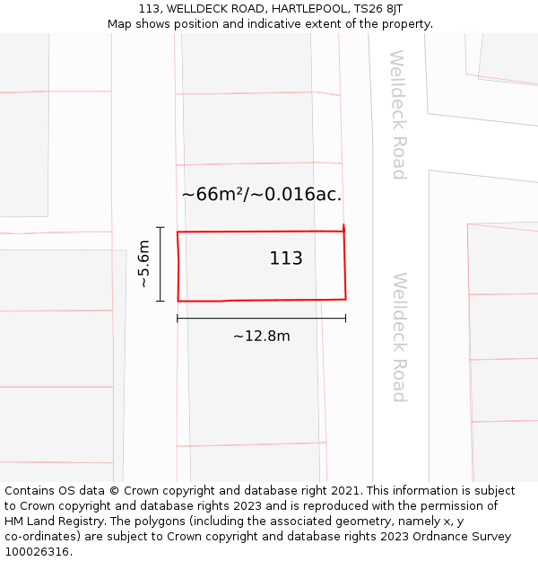 113, WELLDECK ROAD, HARTLEPOOL, TS26 8JT: Plot and title map