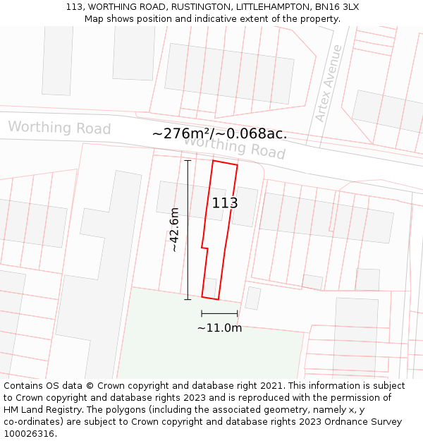 113, WORTHING ROAD, RUSTINGTON, LITTLEHAMPTON, BN16 3LX: Plot and title map