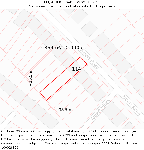 114, ALBERT ROAD, EPSOM, KT17 4EL: Plot and title map