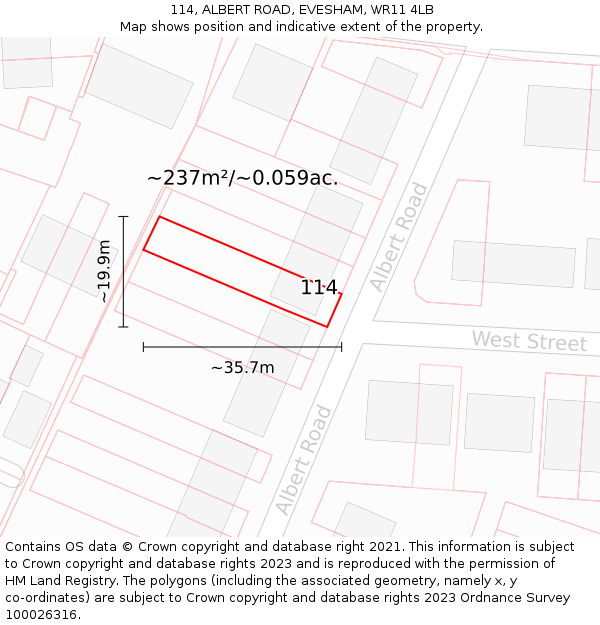 114, ALBERT ROAD, EVESHAM, WR11 4LB: Plot and title map
