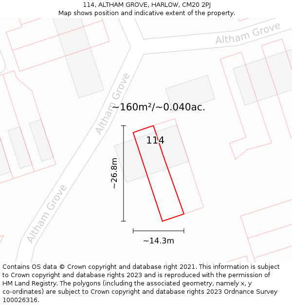 114, ALTHAM GROVE, HARLOW, CM20 2PJ: Plot and title map