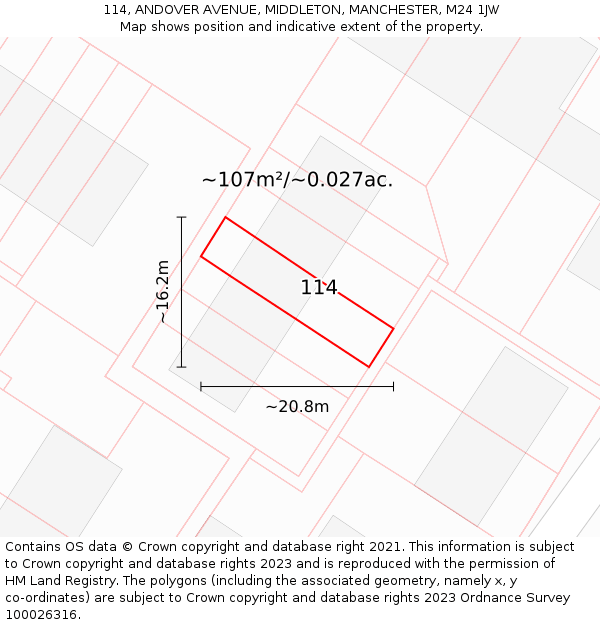 114, ANDOVER AVENUE, MIDDLETON, MANCHESTER, M24 1JW: Plot and title map