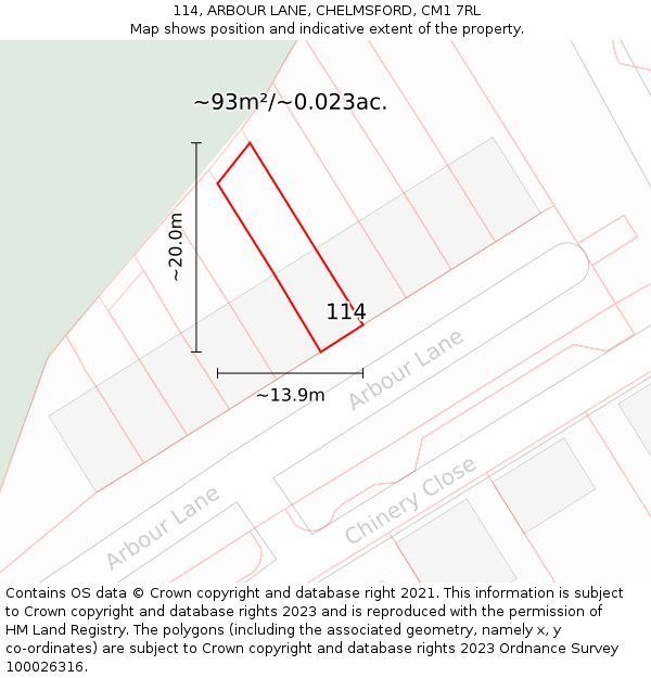 114, ARBOUR LANE, CHELMSFORD, CM1 7RL: Plot and title map