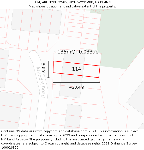 114, ARUNDEL ROAD, HIGH WYCOMBE, HP12 4NB: Plot and title map