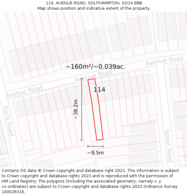 114, AVENUE ROAD, SOUTHAMPTON, SO14 6BB: Plot and title map
