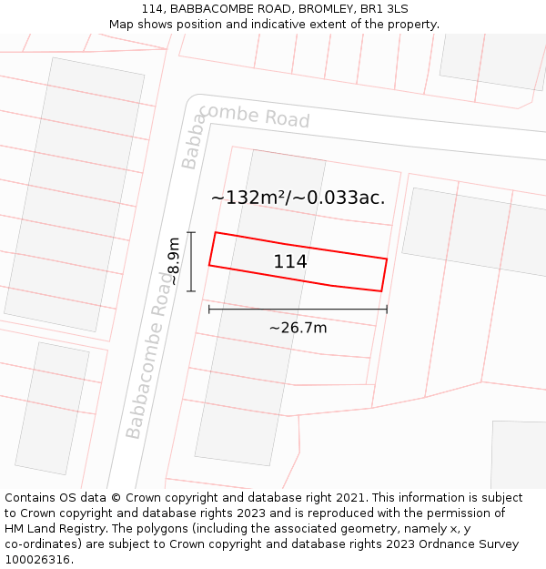 114, BABBACOMBE ROAD, BROMLEY, BR1 3LS: Plot and title map