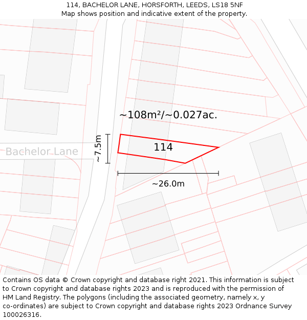 114, BACHELOR LANE, HORSFORTH, LEEDS, LS18 5NF: Plot and title map